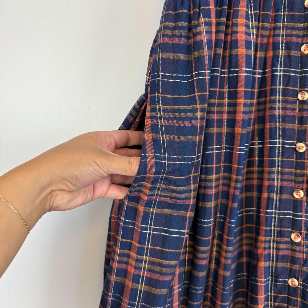 Anthropologie Midi Eyelet Plaid Plaid Navy Blue Orange Dress - 2XS XXS - Picture 4 of 10